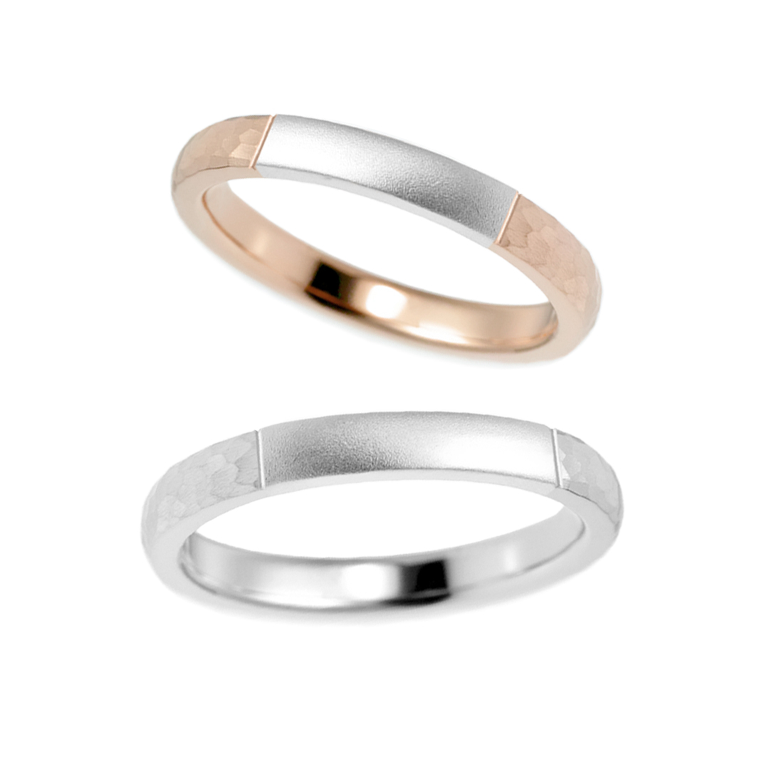 鍛造の結婚指輪 オーバル 槌目+ホーニング 左右コンビネーション 2.5mm